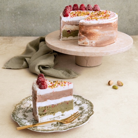Tort lodowo-bezowy Pistacjowo-pralinowy z malinami średni (10-12 porcji) WROCŁAW