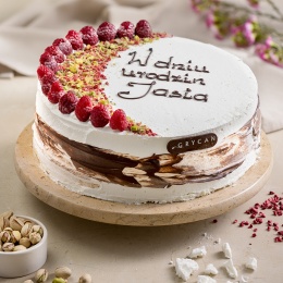 Tort lodowo-bezowy okolicznościowy pistacjowo-pralinowy z malinami 2,4 kg WARSZAWA